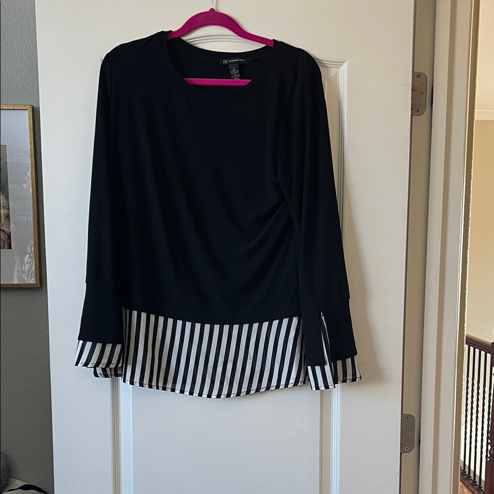 Black Long-Sleeve Top with Striped Hem and Cuff Detail